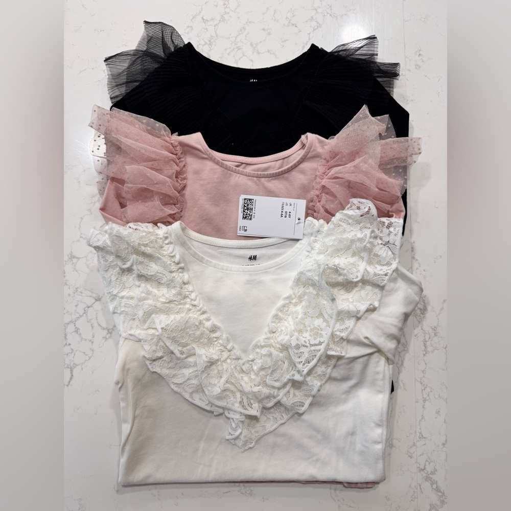 H&M Lace and Tulle Ruffle Tops - Black, Pink, White